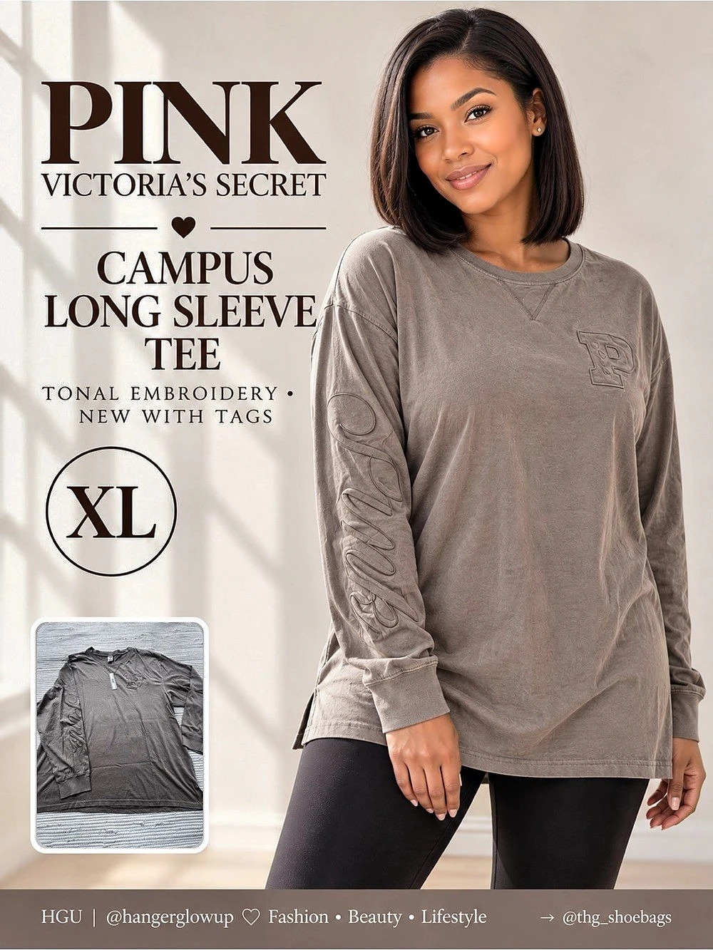PINK Victoria’s Secret Campus Cotton Long Sleeve Tee Taupe XL NWT

Retail: $39